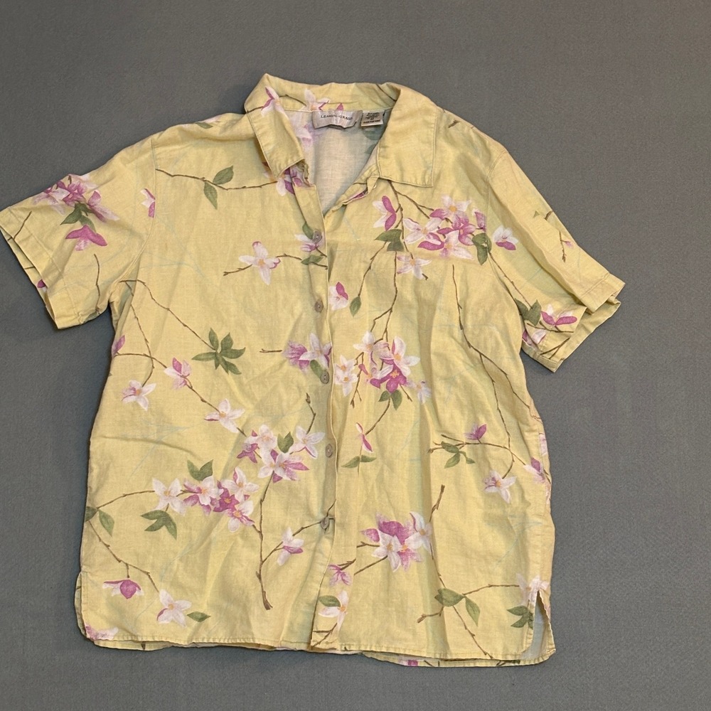 Lemon Grass Womens Yellow Floral Linen Cotton Short Sleeve Button Down Shirt M